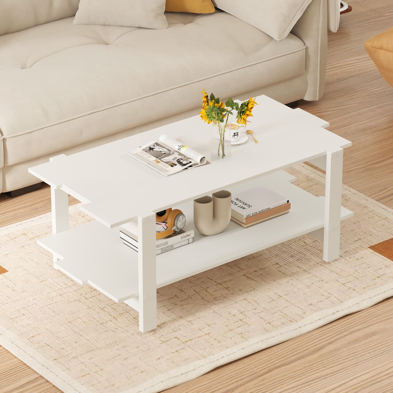 2-Tier Wooden Coffee Table with Storage Shelf and Slatted Design